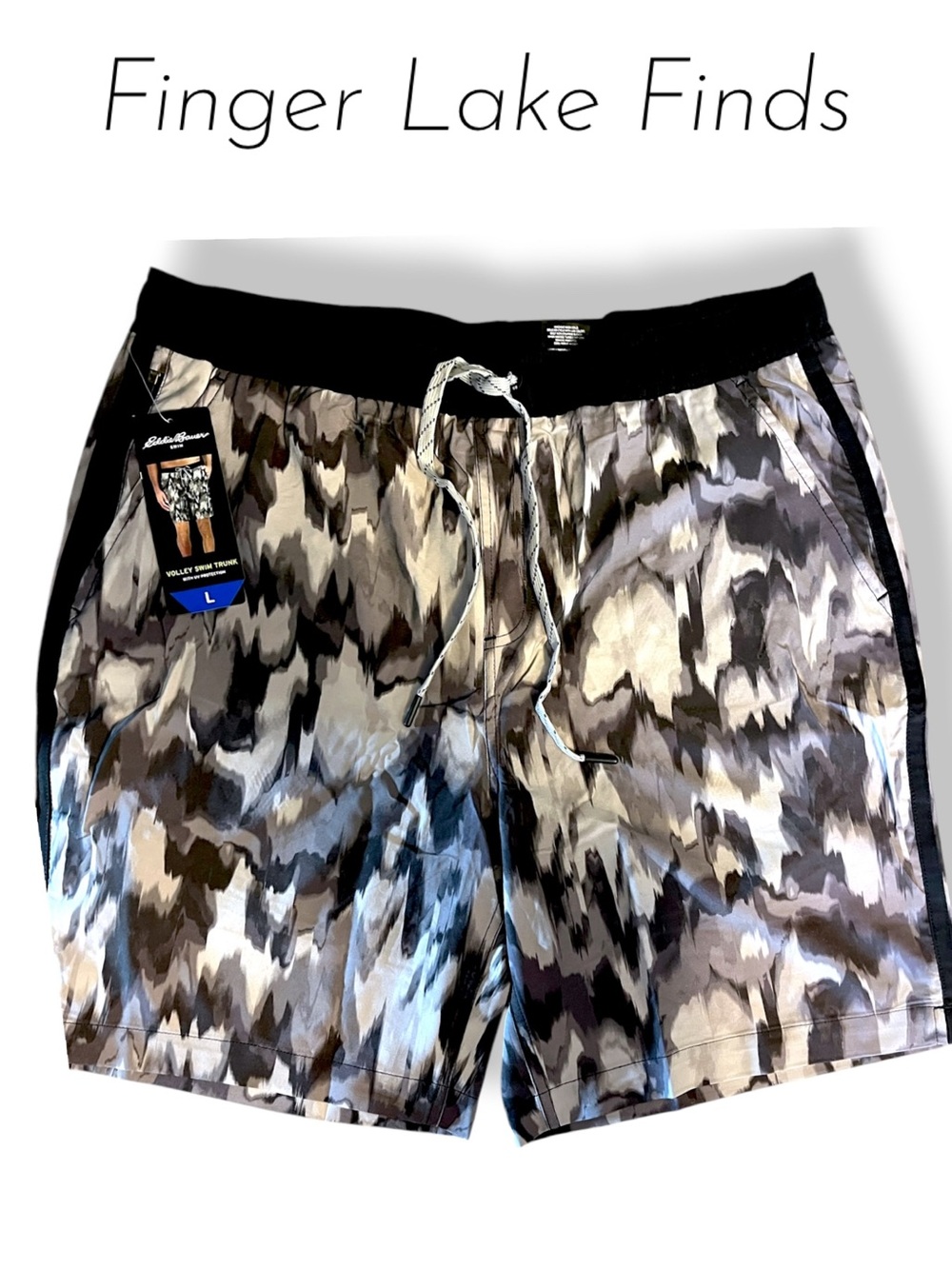 Eddie Bauer Men’s Camouflage  Gray & Black Swim Volley Shorts, L